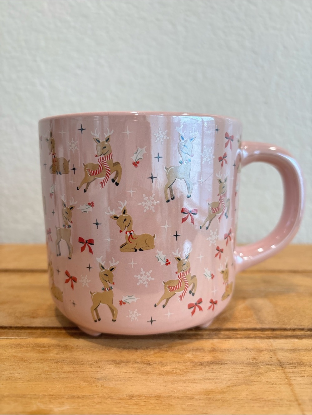 Fig & Fern Pink Vintage Reindeer Christmas Mug Holiday Ceramic Coffee Cup Cocoa